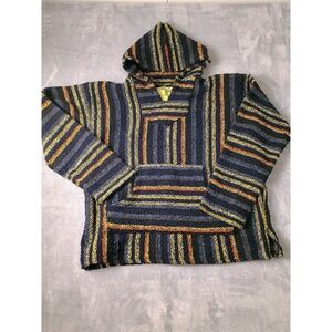 Iguana Jack Sweater Mens Large Multicolor Hooded Baja Stripe Knit Boho Pullover